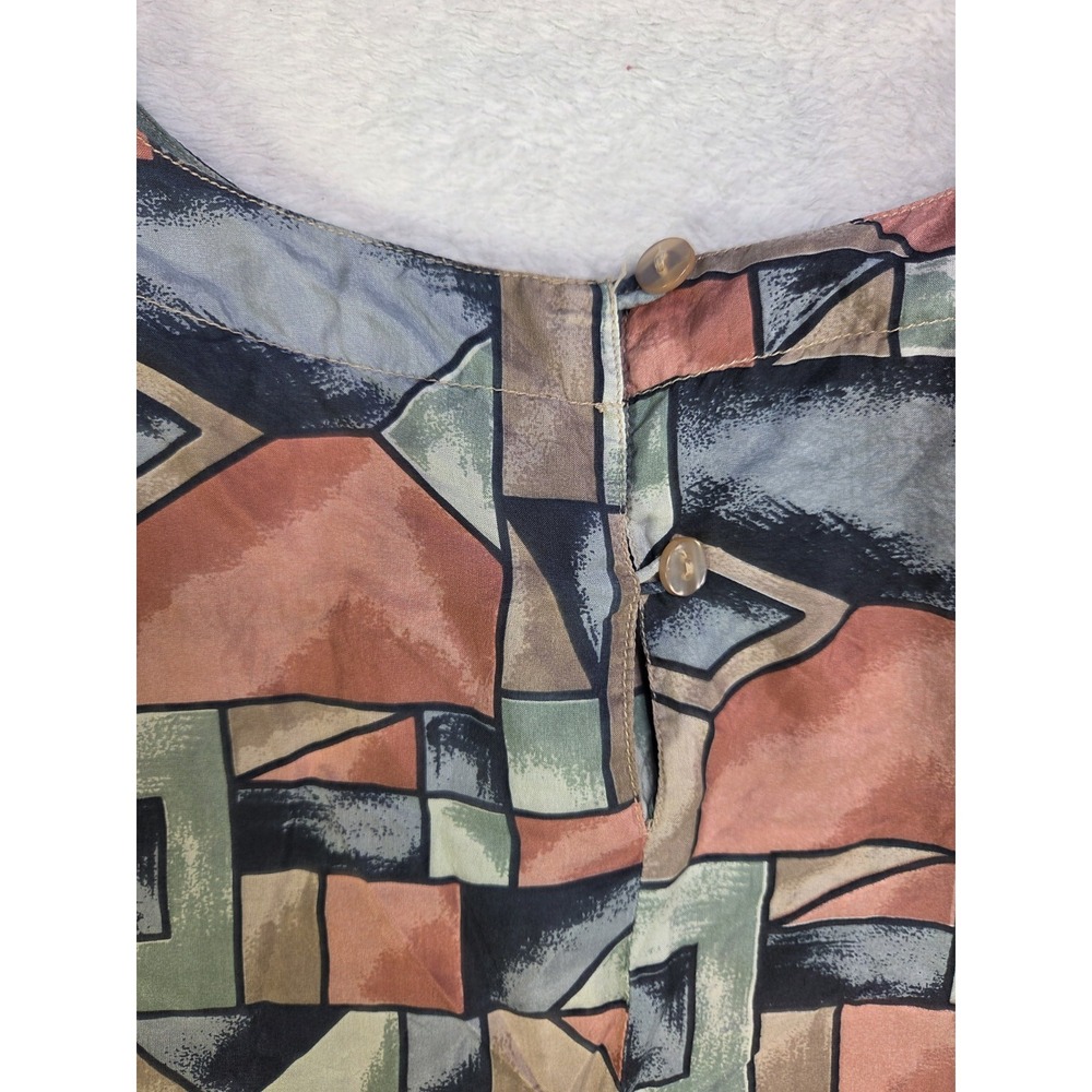 Vintage 90s Silk Blouse 2X Abstract Geometric Print Short Sleeve Button Back Top - Picture 3 of 8
